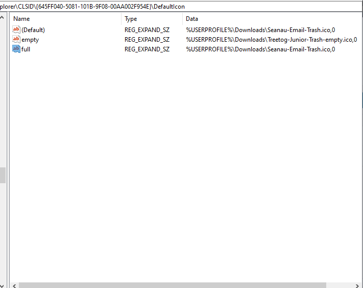 Editado DefaultIcon strings icono de papelera de reciclaje personalizado de Windows 10 no se actualiza