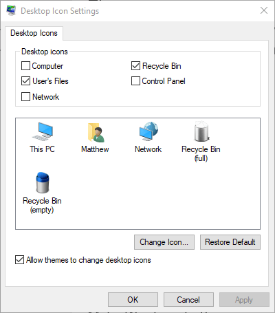 El icono de la papelera de reciclaje personalizada de Windows 10 de la ventana Configuración del icono del escritorio no se actualiza