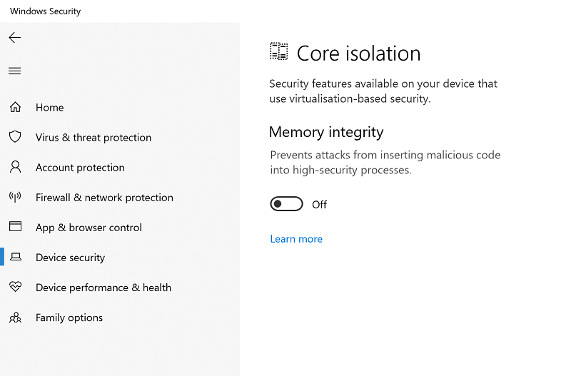 Desactive la integridad de la memoria en Core Isolation en Windows Security si VMware no funciona en Windows 10