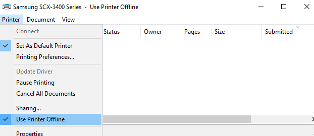 Utilice la opción Impresora sin conexión Error de impresora Documentos en espera