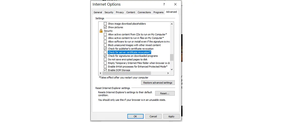 deshabilite la revocación del certificado del servidor para solucionar el problema de conexión de AOL