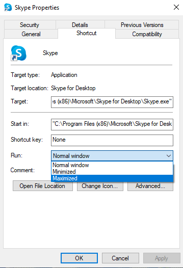 Configuración maximizada del acceso directo de Skype