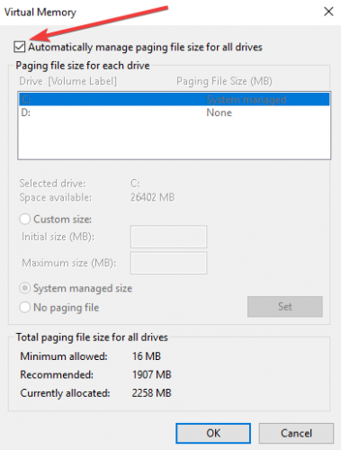 Administre automáticamente el tamaño del archivo de paginación en todas las unidades 100% de uso del disco Windows 10