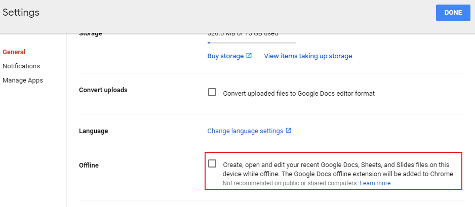 La opción sin conexión Google Drive sin conexión no funciona