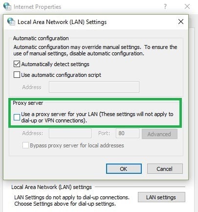 deshabilitar el servidor proxy para LAN
