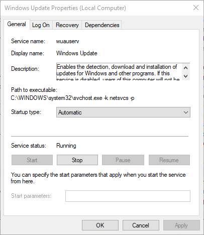 Ventana de propiedades de actualización de Windows Windows 10 error 0x8007000e