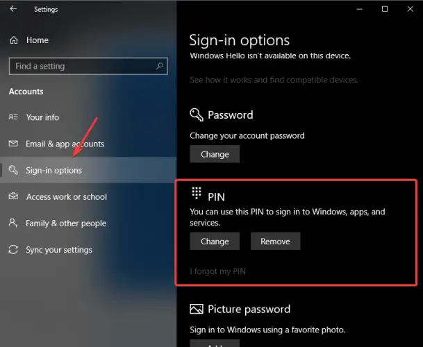 PIN de opciones de inicio de sesión: no existe una sesión de inicio de sesión específica.  es posible que ya se haya cerrado Windows 10