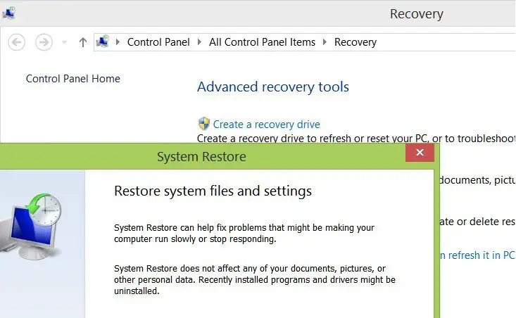restauración del sistema de actualización de Windows 8.1