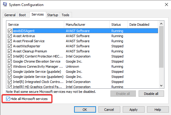Ocultar todos los servicios de Microsoft Círculo de carga del cursor de Windows 10