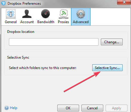Configuración de sincronización selectiva de Dropbox