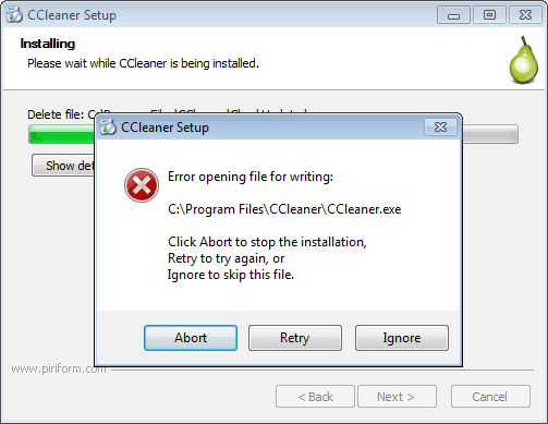 ccleaner error al abrir el archivo para escribir