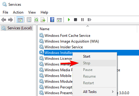 reiniciar el servicio de Windows Installer