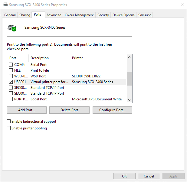 Mensaje de error de impresión de la pestaña Puertos Windows 10