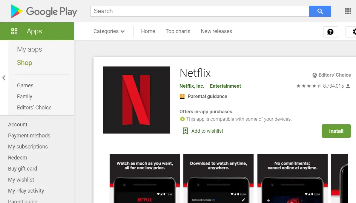 La página de Google Play Netflix netflix error 1.20, 1.50