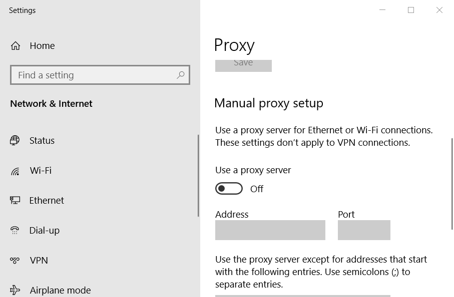 La configuración Usar un servidor proxy Reparar el error de actualización de Windows 0x8024401f