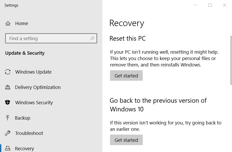 La pestaña Recuperación Repara el error de actualización de Windows 0x8024401f