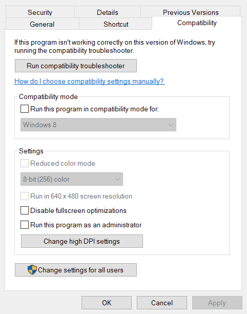 Pestaña de compatibilidad Error de aplicación de Windows 0xc0000906