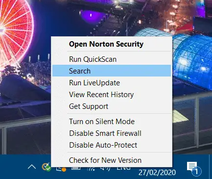 Menú contextual del antivirus Norton Error de actualización de Windows 0x8007043c