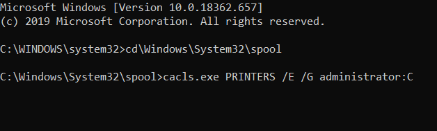 error de comando cacls.exe 0x00000bcb impresora