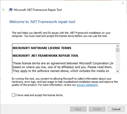 Error de aplicación de la herramienta de reparación de Microsoft .NET Framework 0xe0434352 en Windows