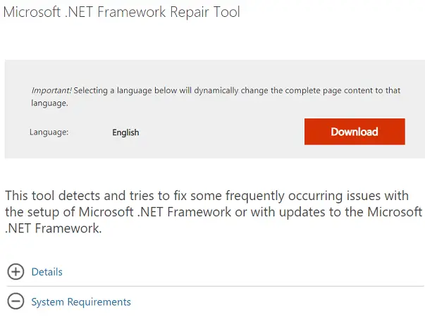 Botón de descarga para el error de aplicación de reparación de .NET Framework 0xe0434352 en Windows