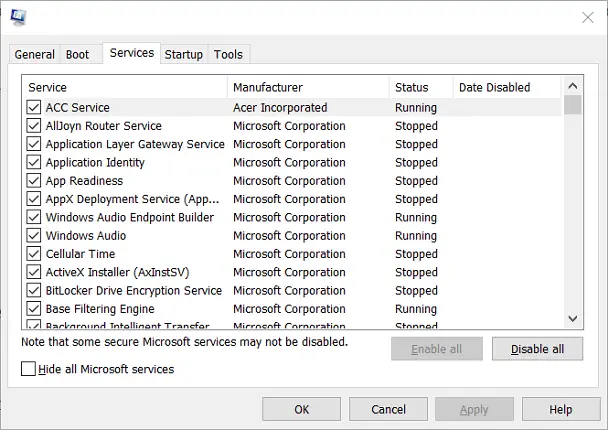 La configuración Ocultar todos los servicios de Microsoft Error de aplicación 0xe0434352 en Windows