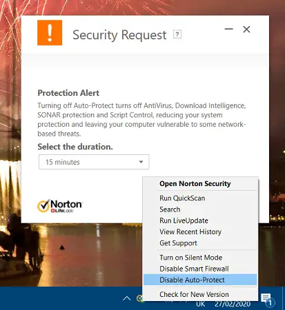 Código de error 0x81000019 de la opción Norton deshabilitar Auto-Protect en Windows 10