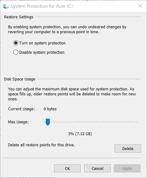 Ventana de protección del sistema Código de error 0x81000019 en Windows 10