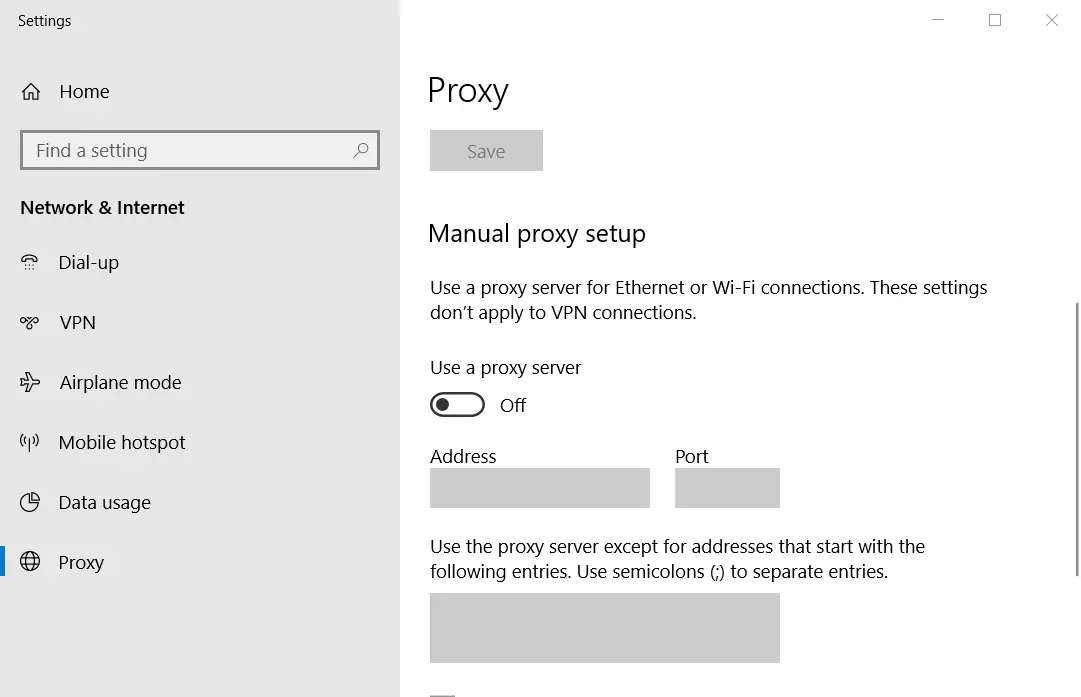 Usar una opción de servidor proxy Error de actualización de Windows 8020002e