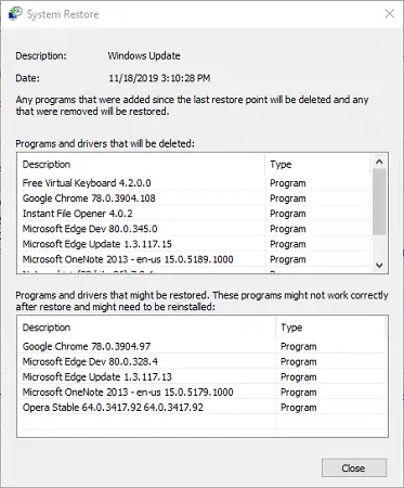 Lista de software eliminado de Restaurar sistema Error de actualización de Windows 0xc1900130