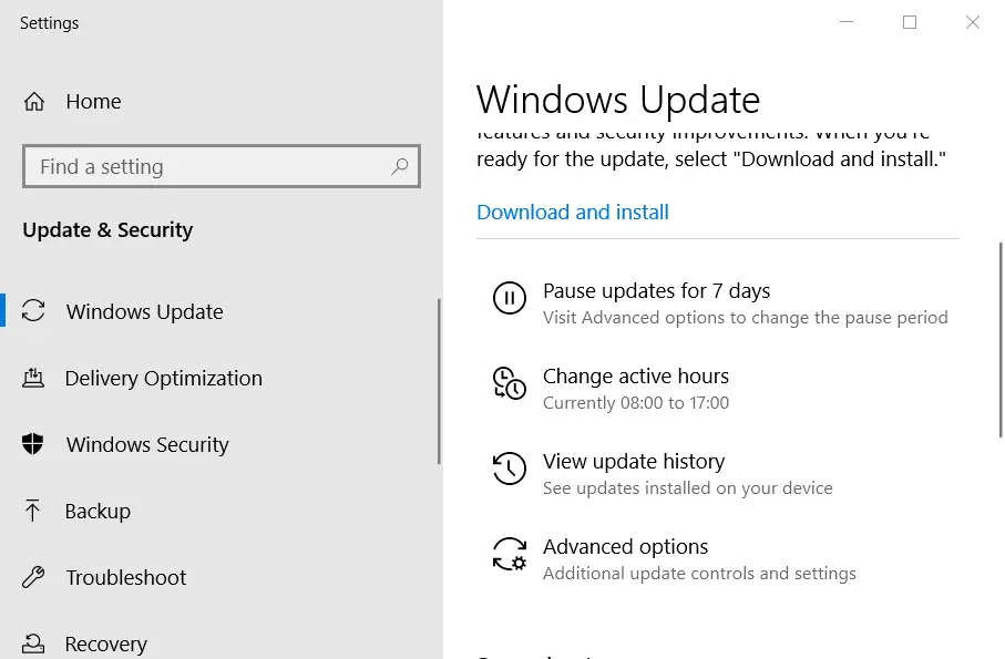 La pestaña de actualización de Windows corrige el error 0x800700d8 en Windows 10