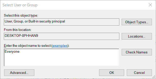 cuadro de nombre de objeto Seleccionar ventana de usuario o grupo Error 0x80071771 en Windows 10