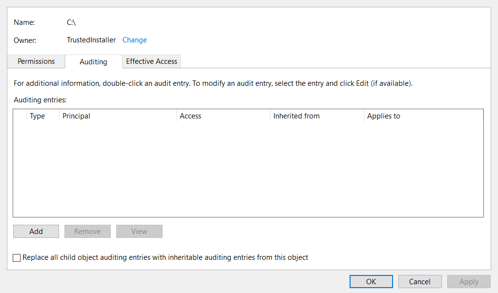 Pestaña de auditoría Error 0x80071771 en Windows 10