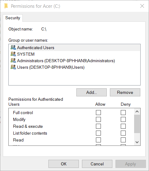 Ventana de permisos Error 0x80071771 en Windows 10