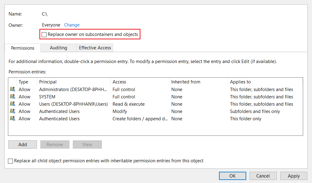La opción Reemplazar propietario en subcontenedores Error 0x80071771 en Windows 10
