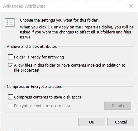 Ventana de atributos avanzados Error 0x80071771 en Windows 10