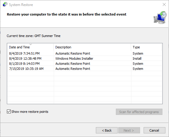 Mostrar más opciones de puntos de restauración Código de error de actualización de Windows 9c48