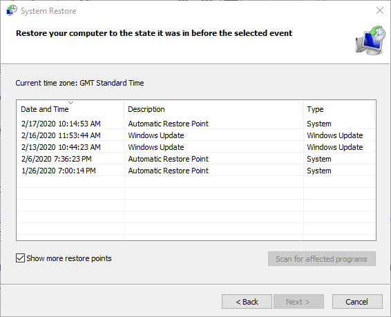 La casilla de verificación Mostrar más puntos de restauración Error de actualización de Windows 0x8024000b en Windows 10