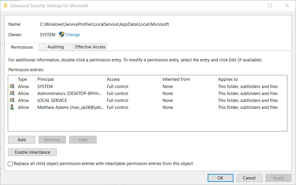 Ventana de configuración de seguridad avanzada Error 0x80090016 en Windows 10