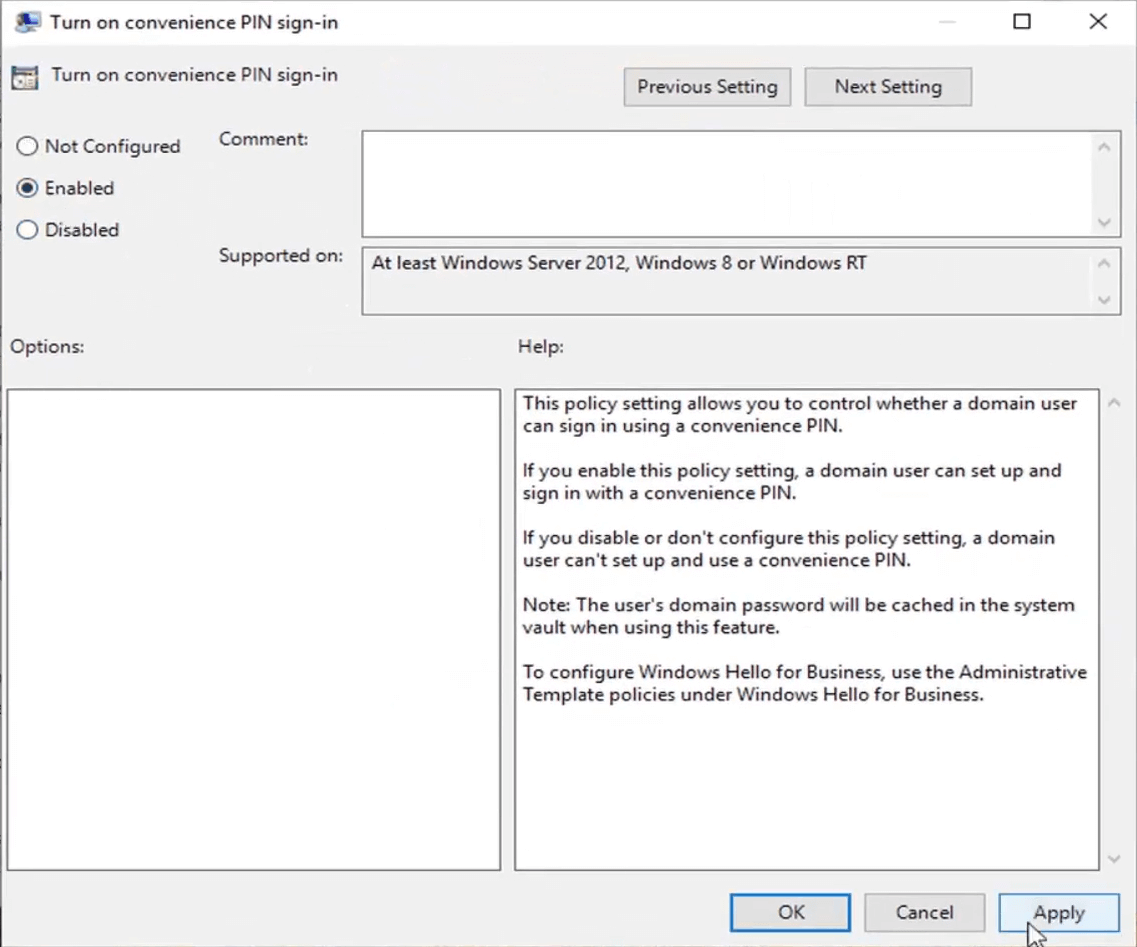 Active la ventana de política de inicio de sesión con PIN de conveniencia Error 0x80090016 en Windows 10