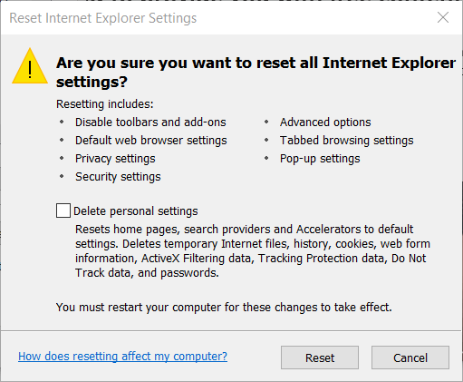 Restablecer el servidor de automatización de Internet Explorer no puede crear objetos Windows 10