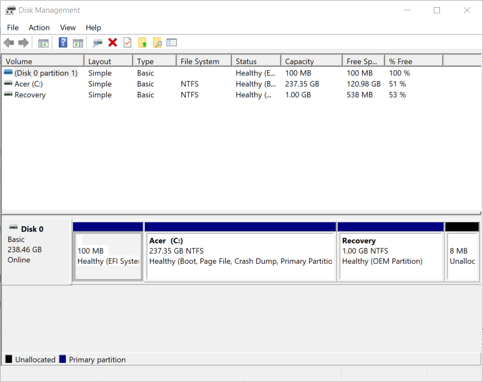 La ventana Administración de discos, el nombre del dispositivo local ya está en uso Windows 10