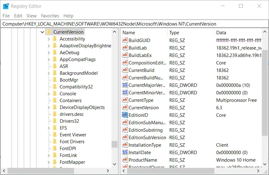 WOW6432Note Clave de registro de CurrentVersion Error de activación de Windows 10 0xc03f6506