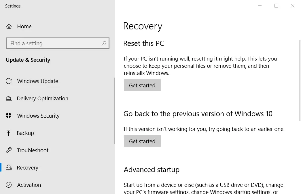 La pestaña Recuperación Error de actualización de Windows 0xc190011f