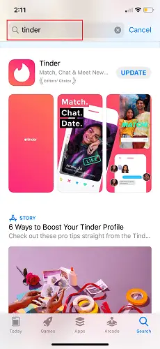 Tinder-error-updating-profile-pic-appstore-search-bar