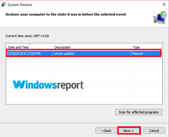 seleccionar punto de restauración portátil no abre nada Windows 10