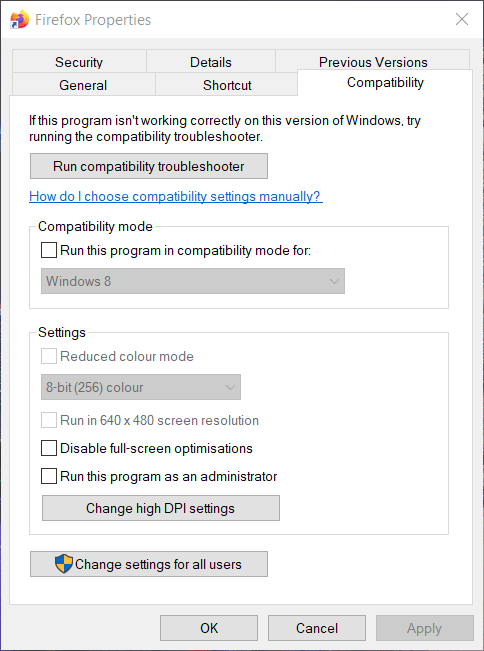 la opción de modo de compatibilidad musicbee no abre Windows 10