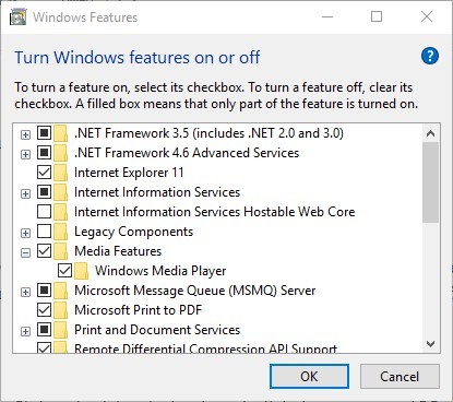 habilite Windows Media Player en las características de Windows