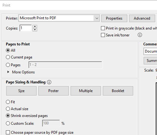 Opción Microsoft Print to PDF Adobe Reader Error 110