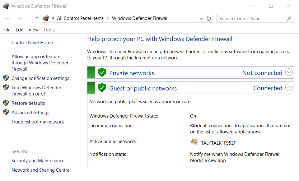 El uso compartido de archivos de Windows 10 del subprograma Firewall de Windows Defender no funciona